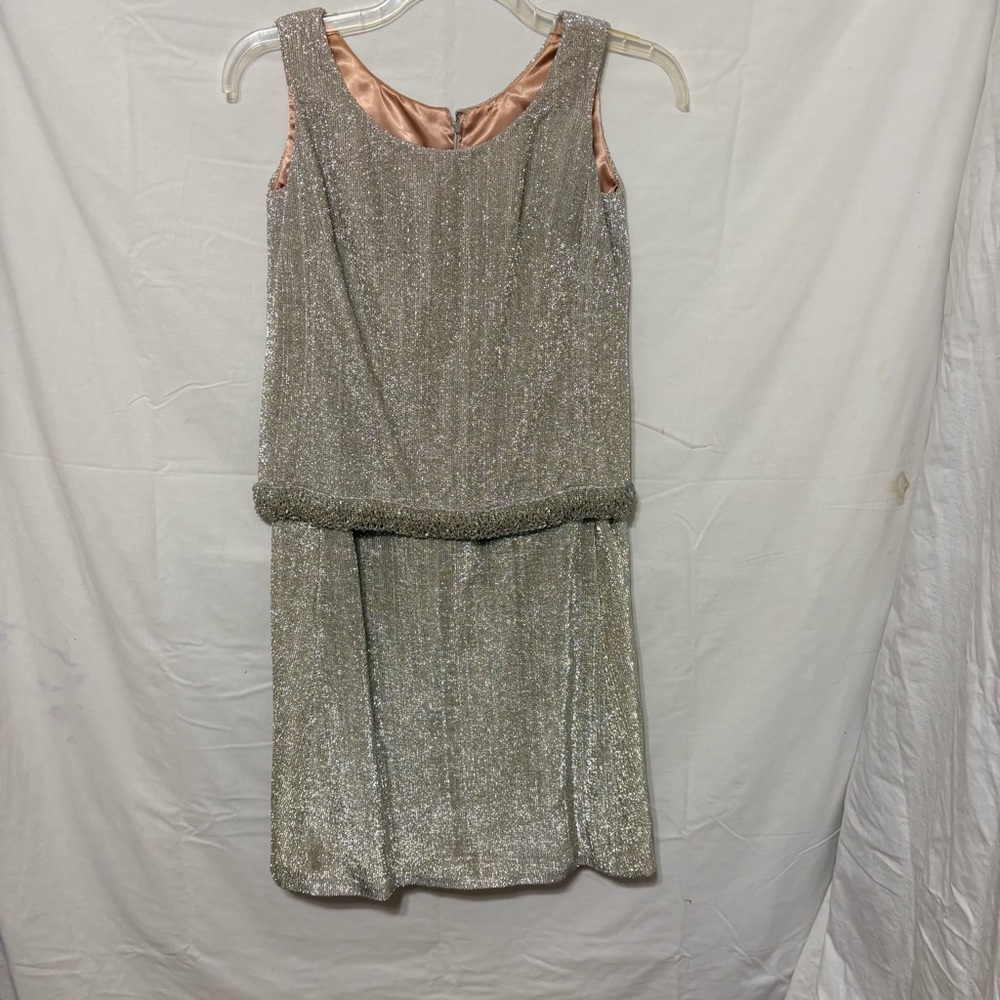vintage sparkly silver-colored sleeveless dress with a drop-waist silhouette